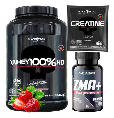 Kit Whey Protein 3w 900g + Creatina Pura 66g + Zma 60 Tabs Sabor Morango