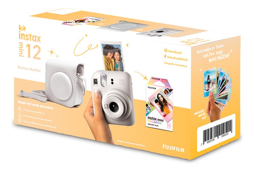 Kit Câmera Instax Mini 12 + 10 Fotos Macaron + Bolsa Branca