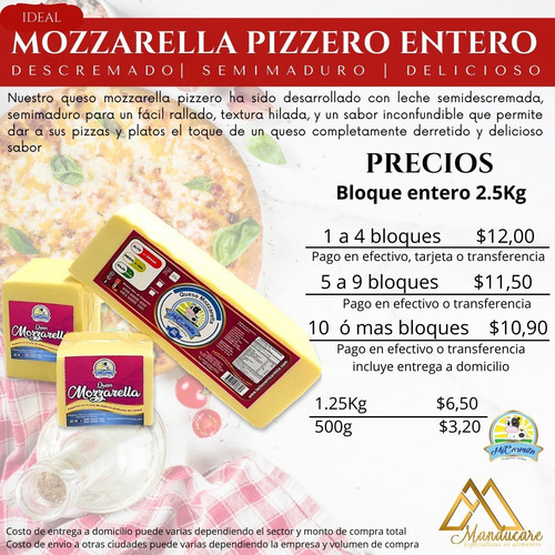 Queso Mozzarella Pizza - 2.50 Kg Domicilio Quito Provincias