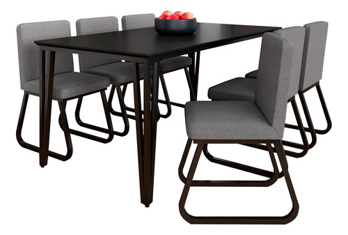 Mesa Com 6 Cadeiras Industrial 1,8 Aspen Pr/pr/cinz - M.a Cor Preto Fosco/preto/linho Cinza