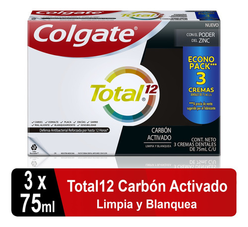 Crema Dental Colgate Total 12 Carbon Activado X 3und X 75ml