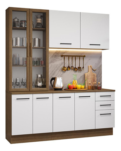 Armário Cozinha Completa 190cm Cristaleira Agata Madesa 01 Cor Rustic/branco