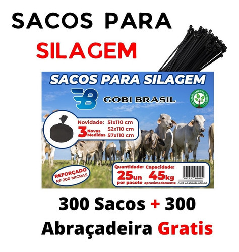 300 Un Sacos Para Silagem 52x110 Preto 200 Micras + 300 Abra