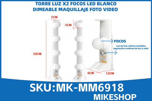 Torre Luz Led Foco Dimeable X 2 Para Fotografía Y Maquillaje Blanco Blanco (neutro, Cálido Y Frío)