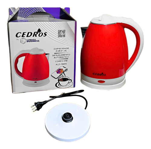 Jarra Elétrica 220v 1.8l Inox Cedros Ced-2022 Chaleira Cor Vermelho 1500w Aquecedor De Água Bule Automático Aço Inoxidável Base Rotatória Café