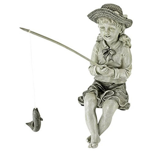 Eu9305 Big Catch Fisherwoman Girl Fishing Garden Statue...