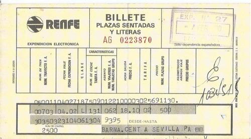 Antiguo Billete De Viaje Renfe Barcelona A Sevilla 1980 