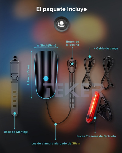 Luz Bicicleta Recargable Delantera Y Traser Y Claxon Teker