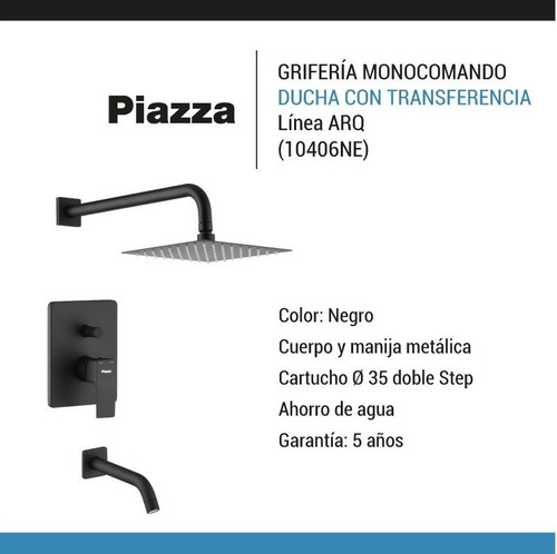 Imagen 4 de 10 de Griferia Ducha Baño Mono Negro Embutir C/ Transf Arq Piazza