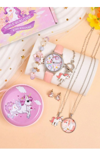  Reloj Niña Unicornio Set  De Pulsera Sarcillos Cadenas 