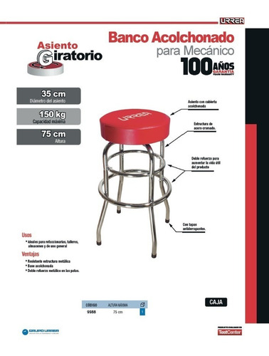 Banco Acolchonado Para Mecánico 14 Plg Diámetro Urrea 9988