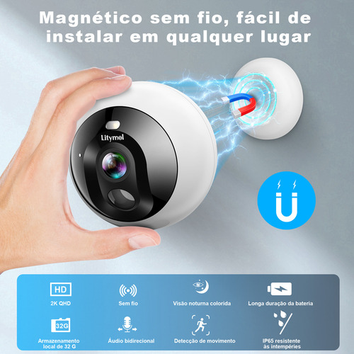 Câmera De Segurança Externa Wifi Com Montagem Magnética 2k Sem Fio Para Ambientes Camera Interna Com Detecção De Movimento Por Ia, Microsd 32gb/armazenamento Em Nuvem, Visão Noturna Colorida, Branco
