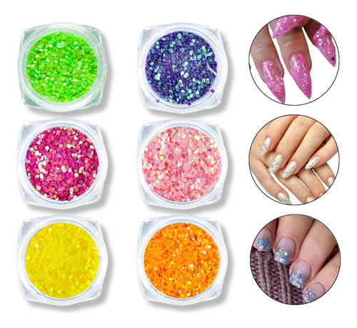 Kit 6 Glitter Flocado Decoração Unhas Encapsulada Gel Fibra