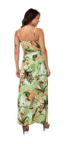 Vestido Kinara Longo Crepe Bojo Estampado Verde