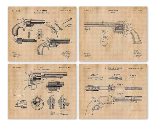 Vintage Smith Wesson Colt Guns Patent Prints, 4 (8x10) Unfr.