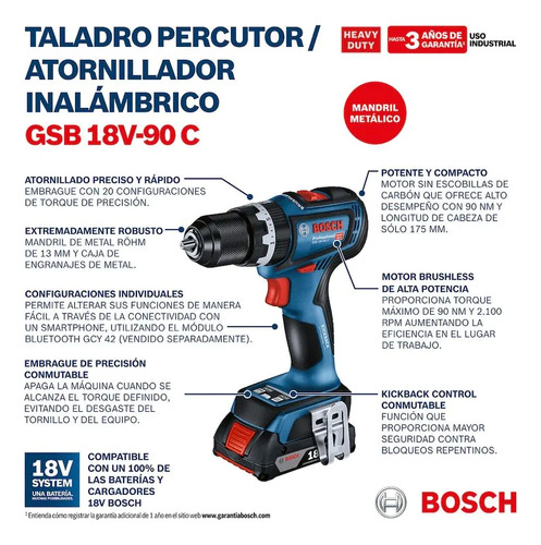 Taladro Percutor/atornillador Inalámbrico Gsb 18v-90c Bosch