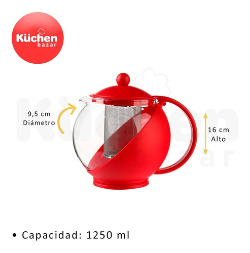 Imagen 2 de 8 de Tetera De Vidrio Con Filtro Infusor Té Hebras 1250 Ml Cuotas