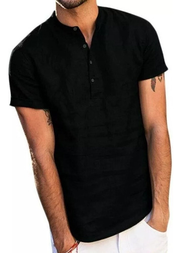 Playera Henl De Manga Corta Con Botones De Lino Para Hombre