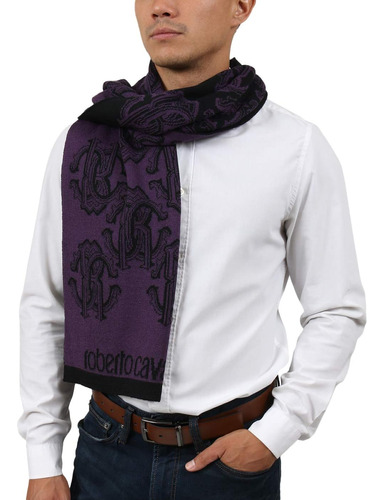 Roberto Cavalli Eszpurple Wool Blend Logo Bufanda Para Hombr