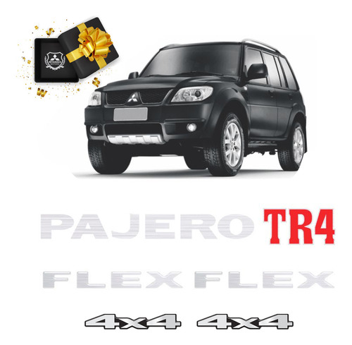 Kit Emblemas Pajero Tr4 Flex 4x4 Prata Adesivos Resinados