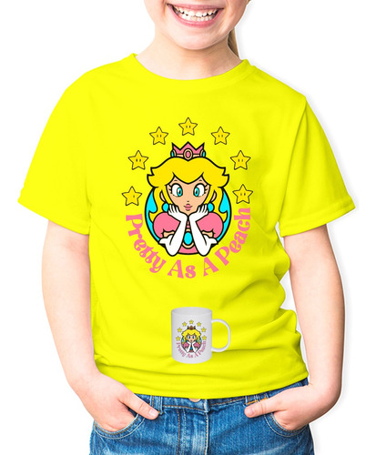 Polera Estampado Mario Bros Princesa Niña Peaches + Tazon