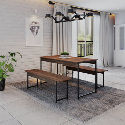 Conjunto Mesa De Jantar Com 2 Bancos Yescasa Active Estilo Industrial