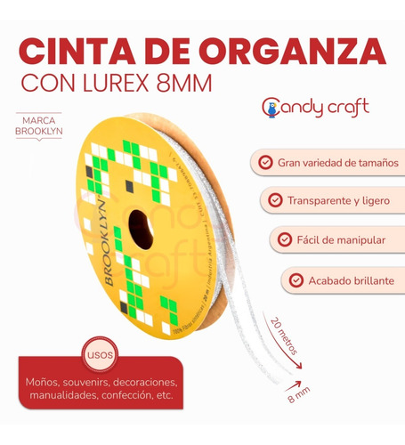 Cinta Organza Con Lurex 8mm X 20 Mts