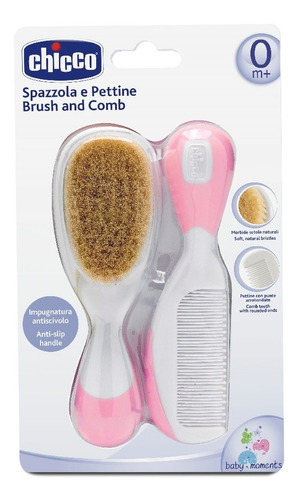 Kit Pente E Escova Para Bebê Cerdas Naturais Chicco - Rosa