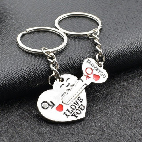 Par Llaveros Pa' Compartir Pareja Corazon Y Llaves Romántico Plateado Con Rojo