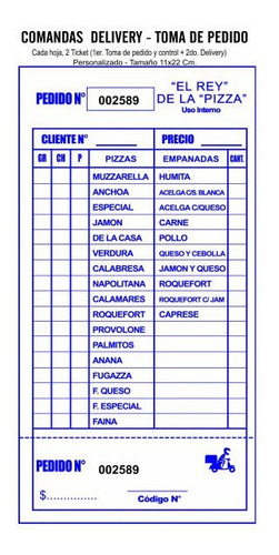 2000 Comanda Restaurant Pizzeria Delivery, 2 Numerados 11x22