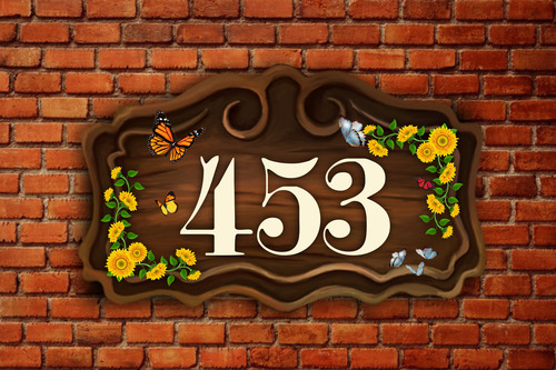 Placa Número Casa Personalizada Girassol Rústica 28x19cm Marrom-escuro
