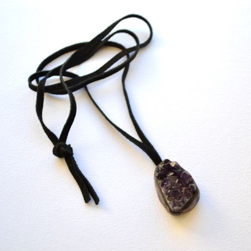 Imagen 3 de 6 de Collar Drusa Amatista, Cuero, Piedra Reiki, Meditacion, Cod1