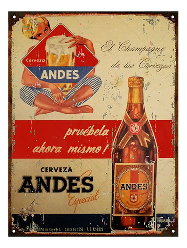 Cartel De Chapa Publicidades Antiguas Cerveza Andes P541