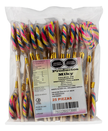 Paleta Espiral Trenzada Caramelo Chilindrina Colores 25 Pzas