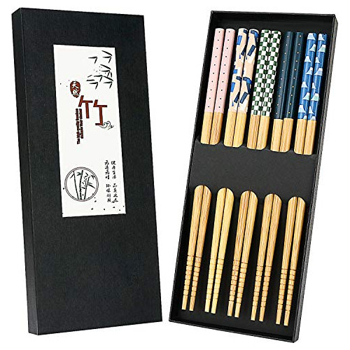 5 Pares Palillos Bambú Japonés Con Diseño Único