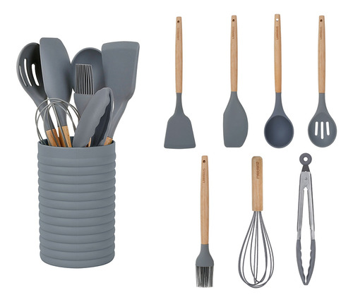 Set Utensilios 8pz Scandi Silicona Mango Madera Soporte