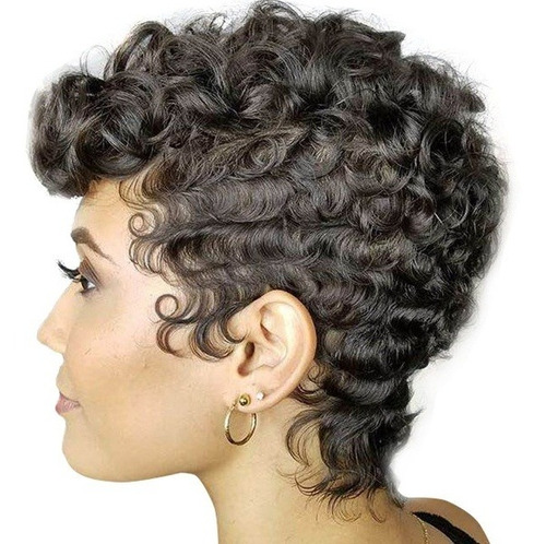 Corto Rizado Natural Negro Pixie Corte Brasileño Pelucas Pa