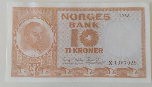 Antiguo Billete 10 Kroner Noruega 1968 Pick 31