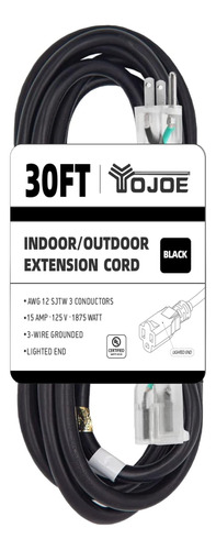 Yojoe Cable De Extension Negro De 30 Pies, Cable 12/3 Ilumin