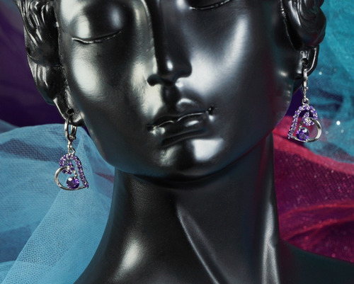 Aretes Colgantes Oro Blanco 18k Corazón Gema Amatista Morado
