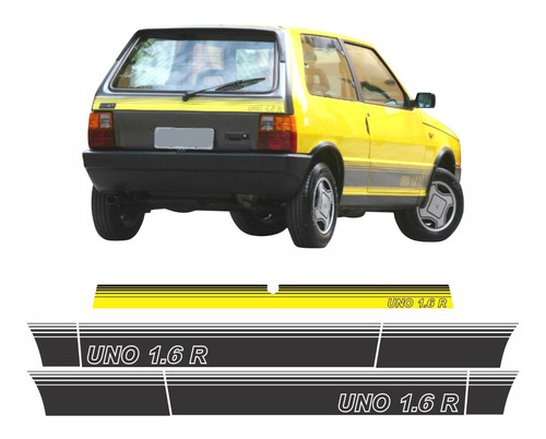 Kit Adesivo Fiat Uno 1.6r Faixa Lateral E Traseira Amarelo