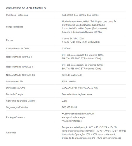 Conversor De Midia 10/100 Multi-mode Tplink Mc100cm
