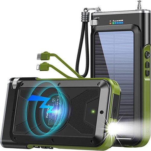 Power Bank Solar De 36800 Mah C/ Radio Y Linterna Led. Verde