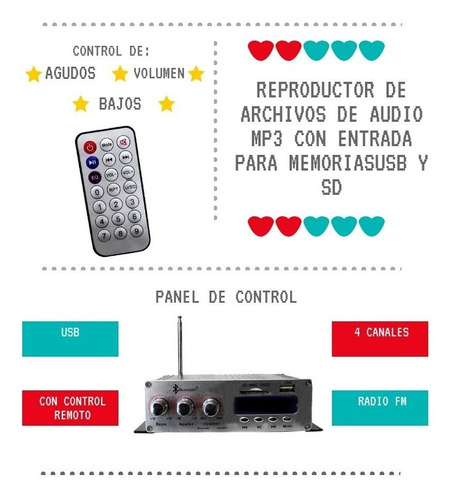 Imagen 7 de 10 de Amplificador 1500w Usb Sd Y Fm 4 Canales Control Remoto Blue