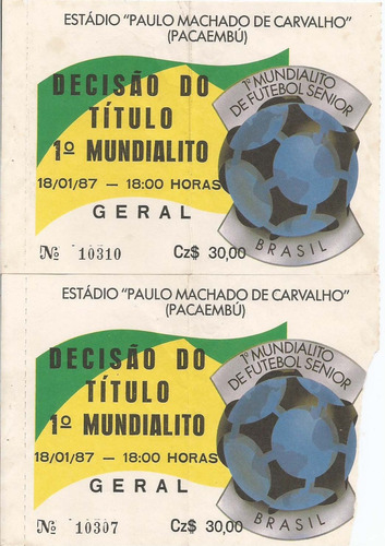 Ingresso Decisão Do 1º Mundialito De Futebol Senior 1987 C/2