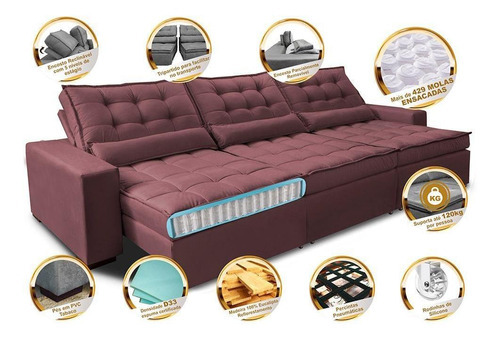 Sofá Retrátil e Reclinável 3,82m com Molas Ensacadas Cama Inbox Gold Tecido Suede Velusoft Vinho
