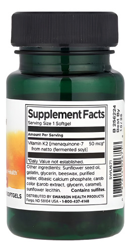 Swanson, Vitamina K2 natural, 50 mcg, 30 cápsulas de gelatina blanda