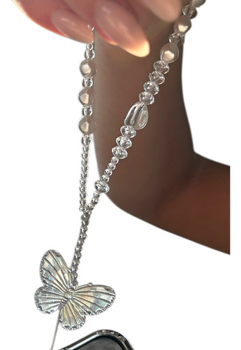Strap Correa Con Diseños Para Celular Todo Tipo De Funda Mariposa Blanca/perlitas Transparentes