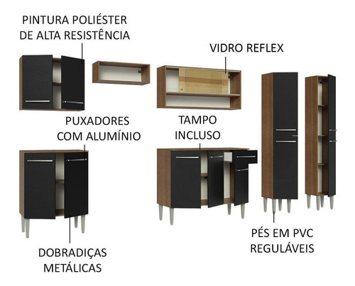 Cocina Integral Completa Modular Madesa Emilly 293cm 03 Color Marrón/Negro