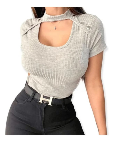 Remera Manga Corta Cuello Choker Escote Gota Detalles Boton